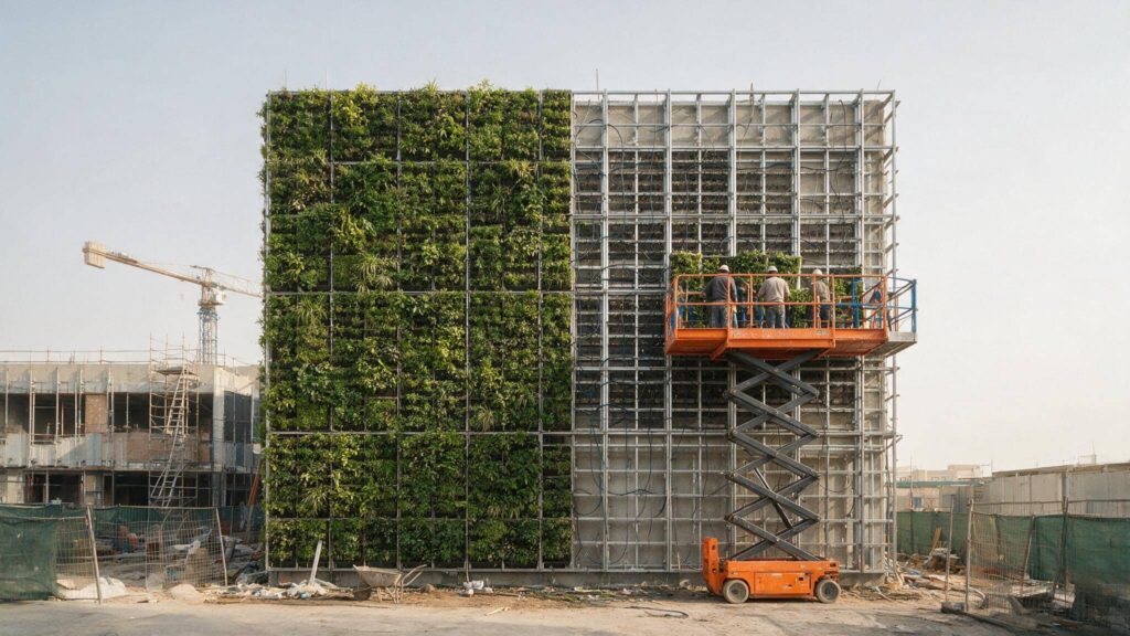 Instalación de paneles modulares de jardín vertical en fachada desde plataforma elevadora