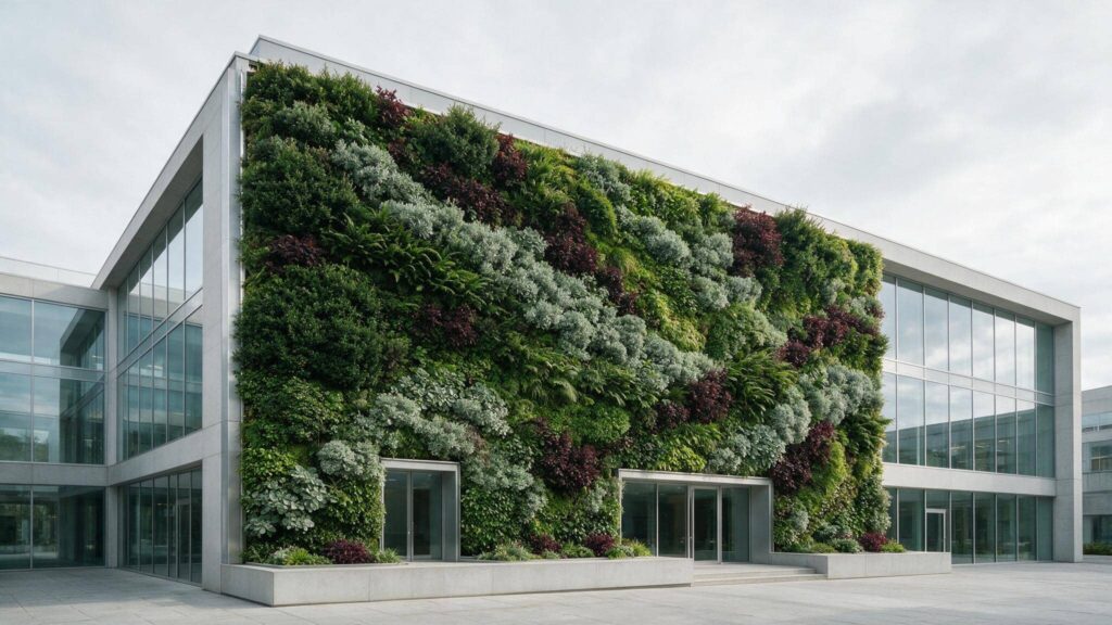 Fachada de edificio de oficinas cubierta por un jardín vertical de gran superficie