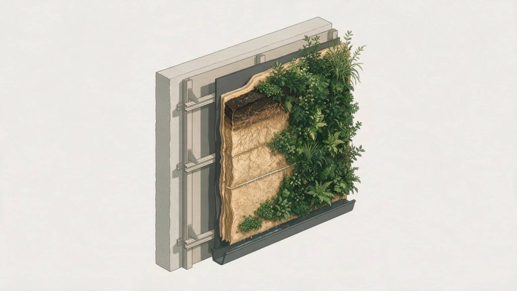 Sección del sistema de jardín vertical con sus capas: estructura, sustrato textil, plantación, riego y drenaje