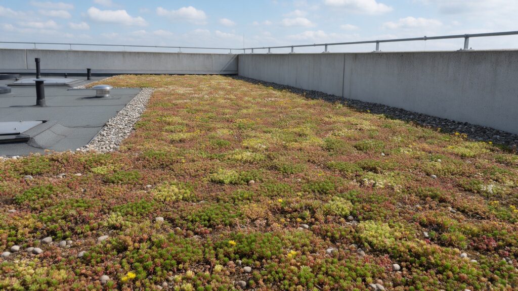 Cubierta extensiva de sedum con banda perimetral de grava junto al peto