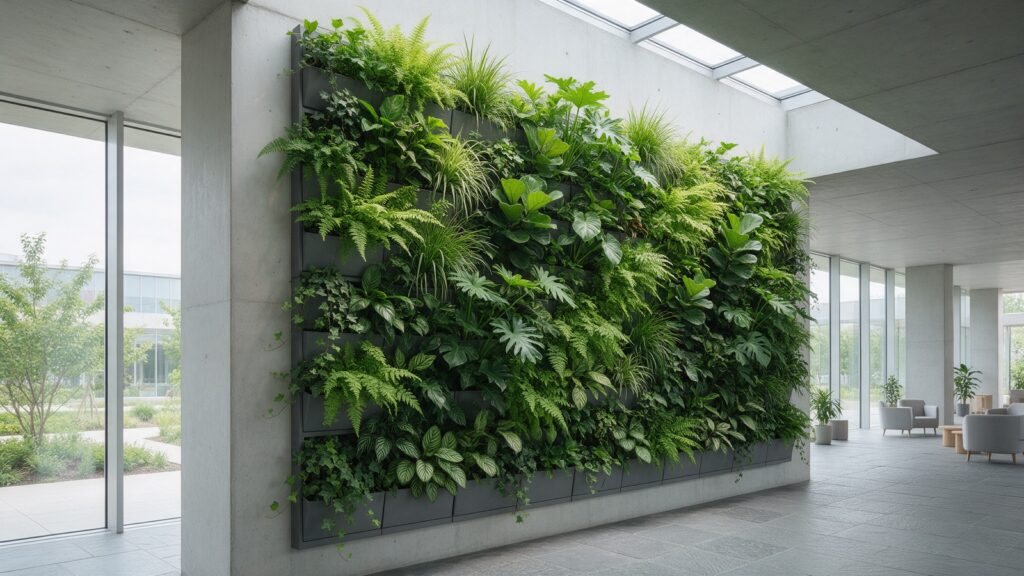 Jardim vertical modular numa parede interior de um edifício