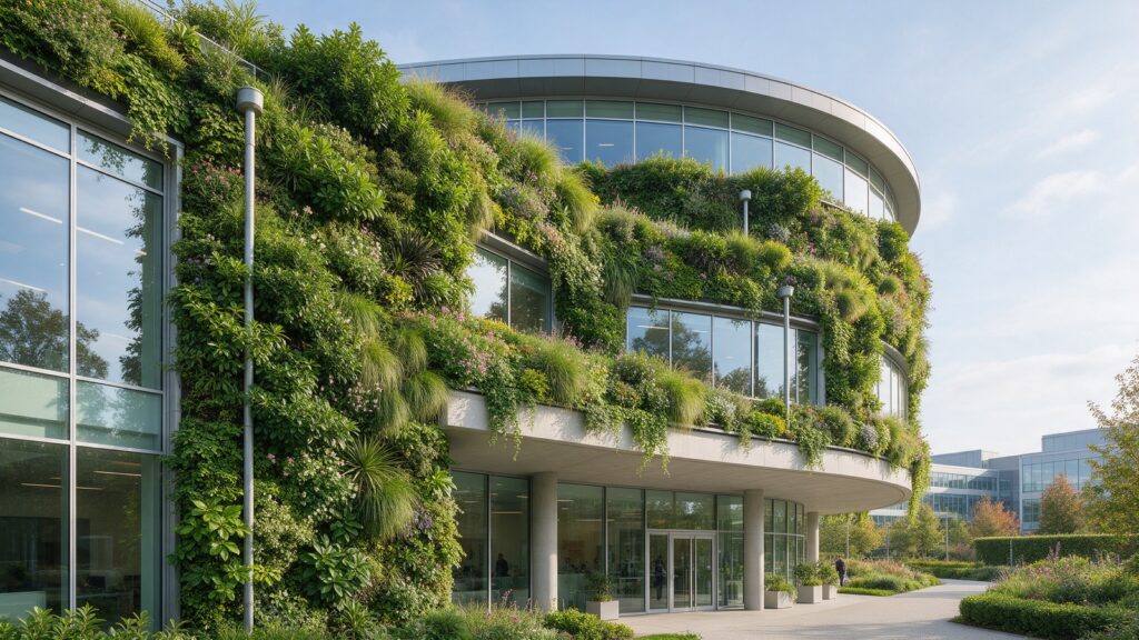Groene gevel met dichte beplanting op een modern kantoorgebouw